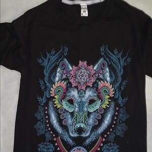 Black T-Shirt with Colorful Wolf Design